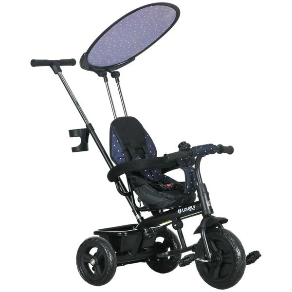 Dark blue kids 6-in-1 tricycle with 5-point harness and wide canopy