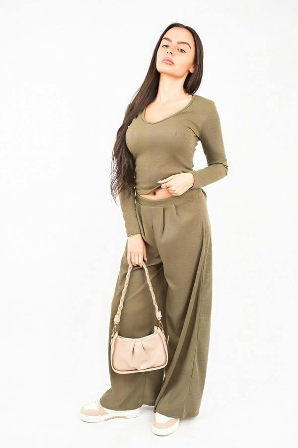 ikrush Enaya V Neck Long Sleeve Ribbed Top & Wide Leg Trousers Co-ord Set