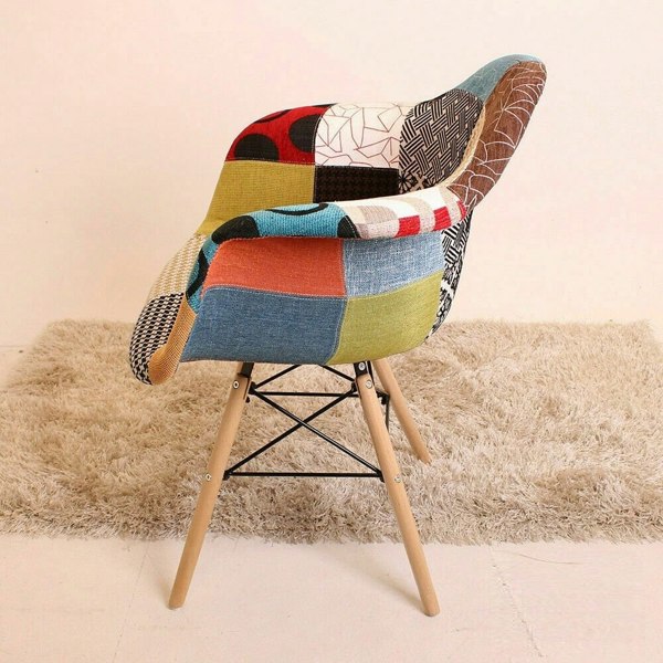 Life Interiors Single Colorful Patchwork Tub Accent Chair, Wooden Legs & Metal Wire Frame, Mid Century Modern Dining Chair