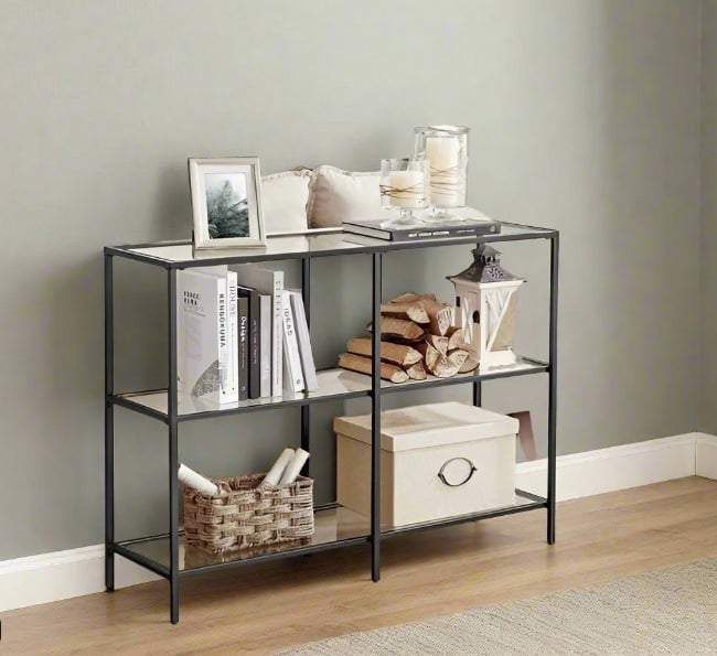 Modcraft Modern 3-Tier Console Table with Tempered Glass Shelves & Black Steel Frame – 100 x 30 x 73 cm