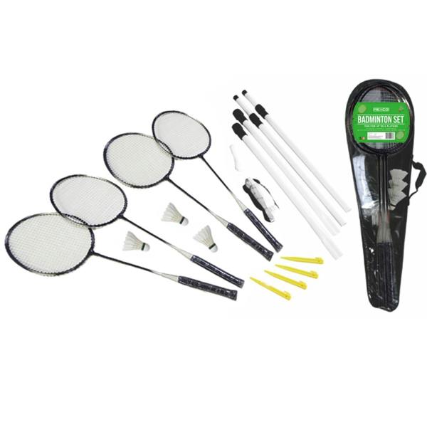 Rexco Badminton Set 4 Player Rackets Shuttlecocks Heavy Duty Poles Net Bag Garden Game
