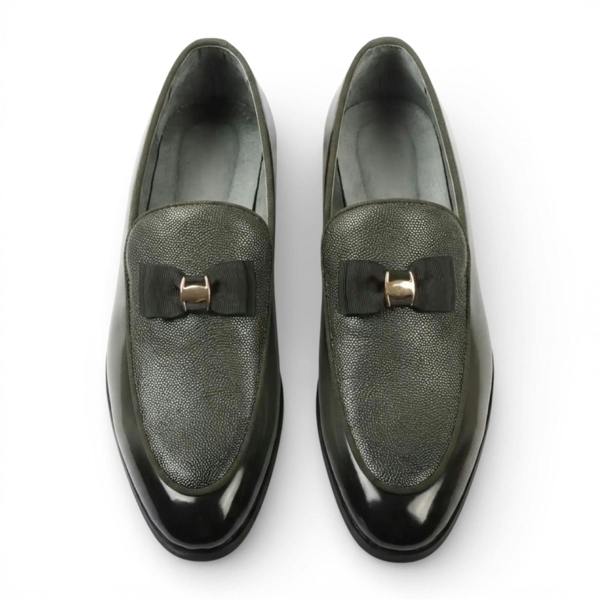 Dolcetto Mens Olive Green Textured Front Iconic Buckle Bow Loafers Shoes