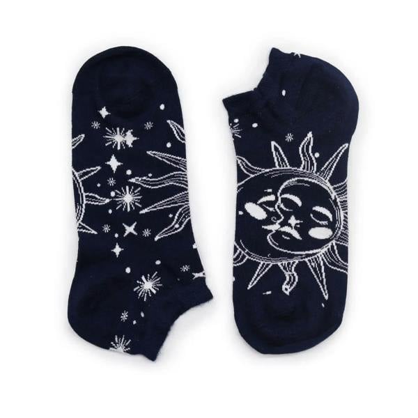 Low-cut dark navy bamboo socks with white starburst and sun/moon hare graphic