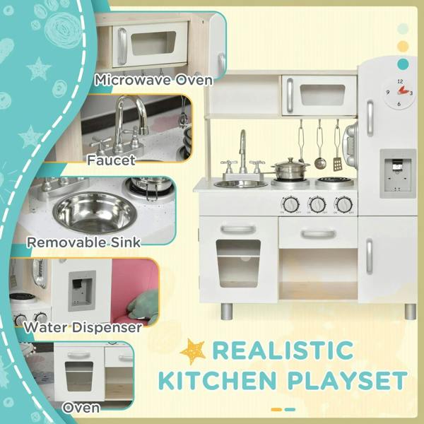 White kids play kitchen set with microwave oven, faucet, removable sink, and water dispenser