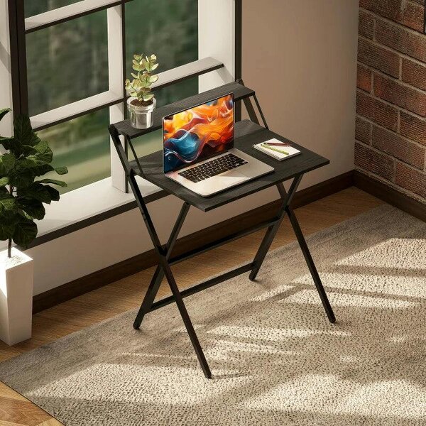 70 cm Folding Computer Desk with Monitor Shelf - Black