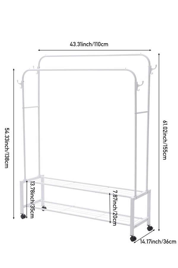 Living and Home Double-Rod Clothes Rack with Wheels Bedroom Classic Style