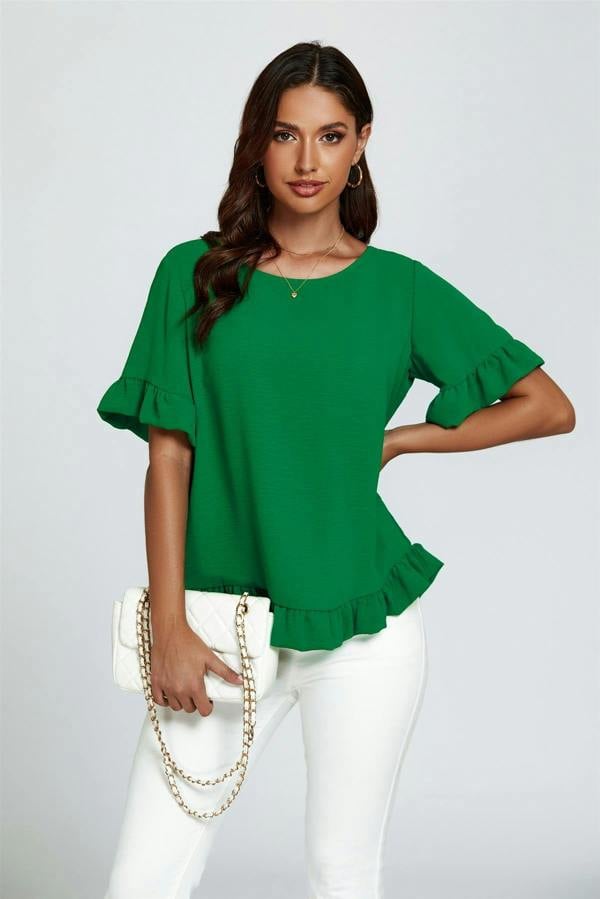 FS Collection Frill Detail Short Sleeves Top In Green