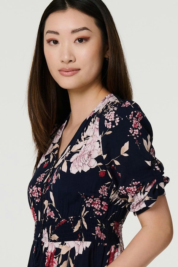 Navy | Floral 3/4 Sleeve A-Line Maxi Dress
