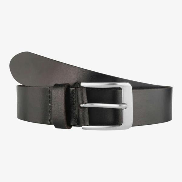 Black leather belt with a silver buckle on a white background