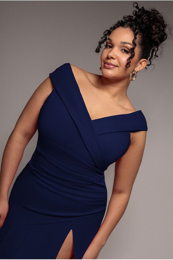 Goddiva Plus Scuba Crepe Off Shoulder Front Split Maxi Dress - Navy Blue by Goddiva Plus
