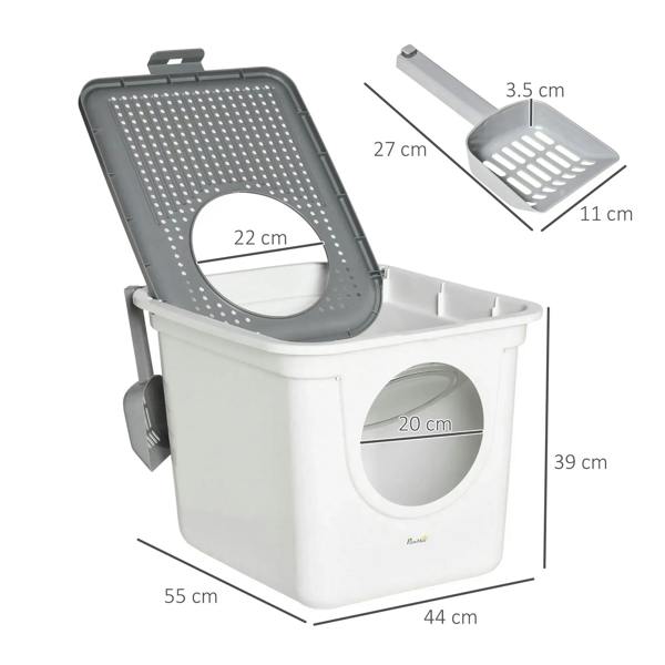 White enclosed litter box with open lid, round front door, and high side walls