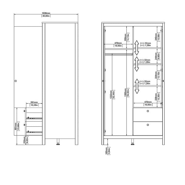 Furniture To Go Madrid Wardrobe with 1 door + 1 mirror door + 2 drawers White