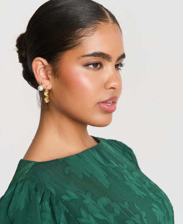 Needs No Label Forest Green Jacquard Puff Sleeve Midi Dress