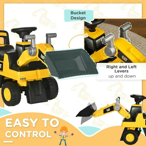 Yellow CAT ride-on excavator with black bucket and right/left control levers