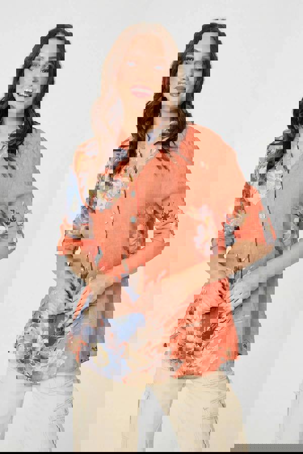 Orange | Floral Relaxed Turn-Up Sleeve Blouse : Model is 5'9"/175 cm and wears UK8/EU36/US4/AUS8