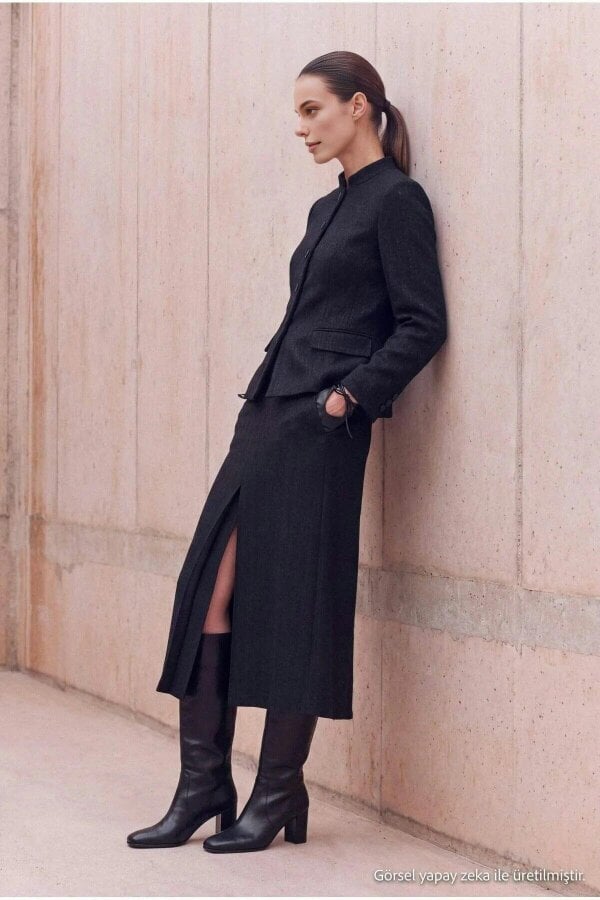 WOVCOR High Waist Midi Pencil Skirt with Front Slit
