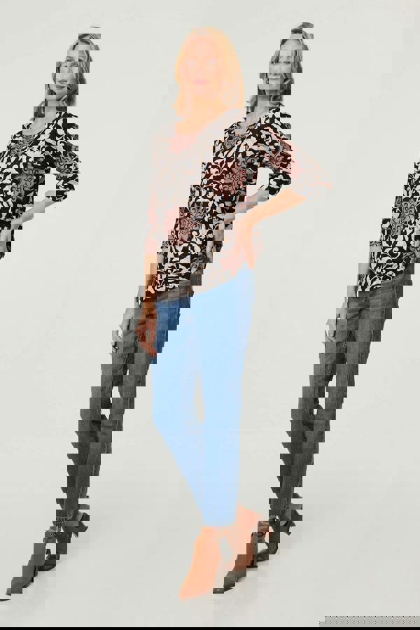 Black | Floral 3/4 Sleeve Boat Neck Top