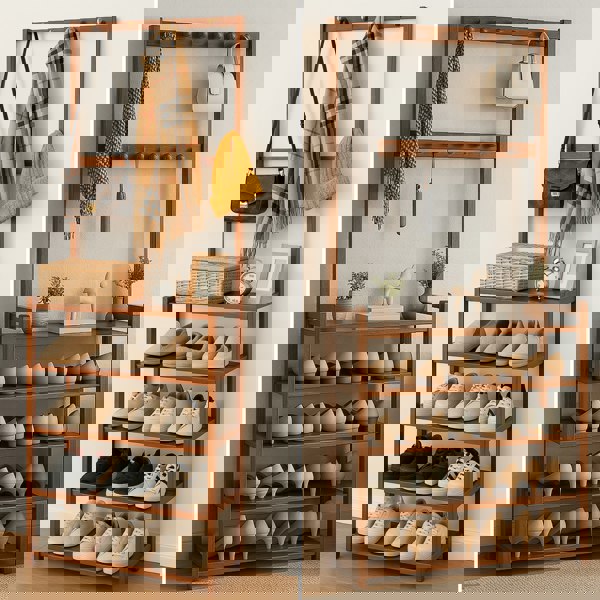 BMBO Wooden Clothes Rack With 12 Hooks & 5 Tier Shoe Storage