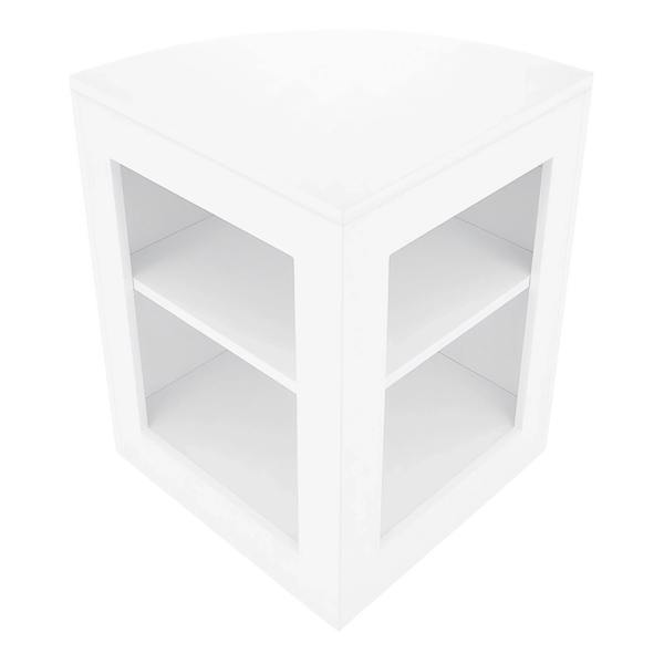 White LED shop counter set featuring a sleek, modern design with a triangular shape and two open shelves for display storage