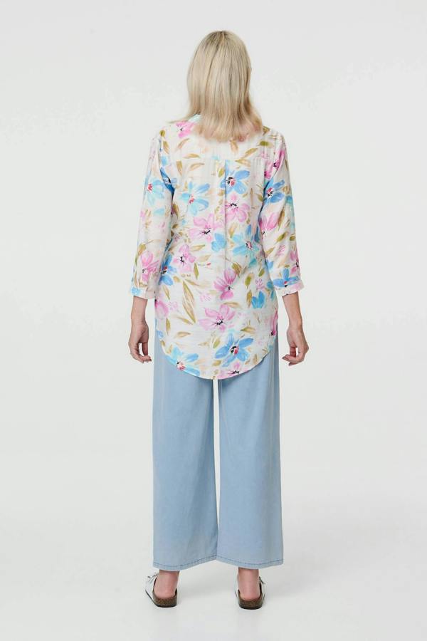 Blue | Floral 3/4 Sleeve V-Neck Relaxed Bouse