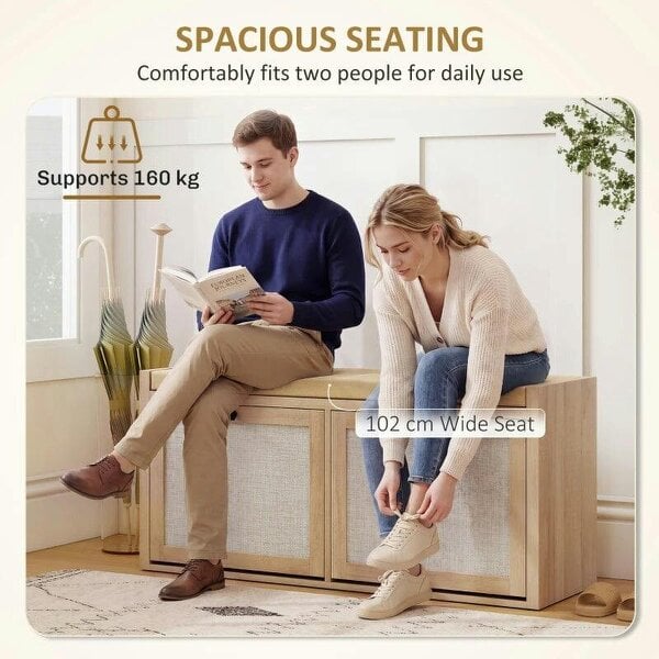 Rattan Shoe Bench with Padded Cushion and 2 Cabinets for Hidden Storage, Oak Wood Effect