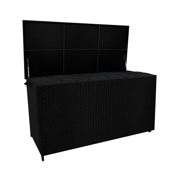 Stylish black rattan cushion storage box with a spacious 700L capacity, featuring a textured woven design and a hinged lid