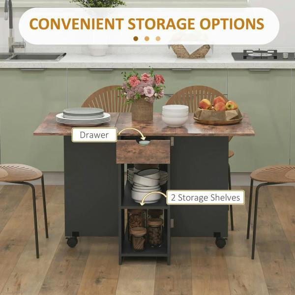 Rustic brown folding dining table with drawer open and two interior storage shelves, on casters.
