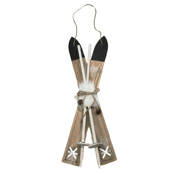 Samuel Alexander 55cm Wooden Skis with Decorative White Fur and Silver Bells Christmas Decoration
