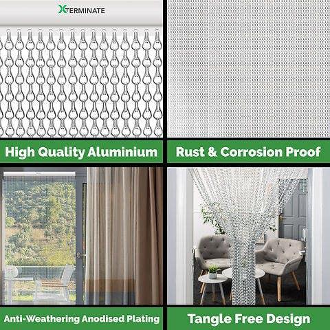 Xterminate Aluminium Fly Blind Door Screen Chain Curtain Silver with Spare Chains & Fixtures, For Buisness and Home