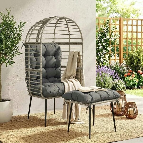 Garden Egg Chair with Footstool, Rattan Indoor Outdoor Lounge Chair and Ottoman Set with Thick Cushions, Light Grey