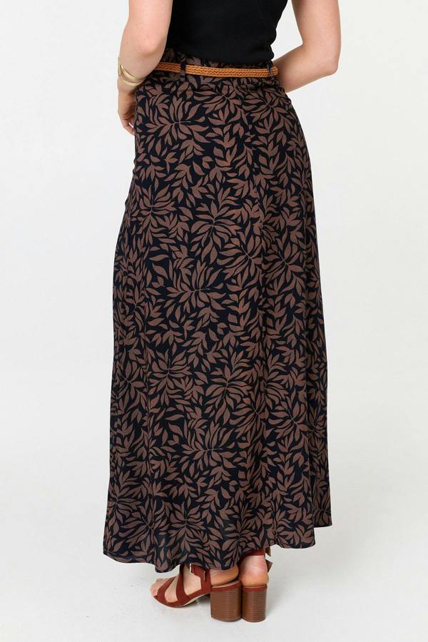 Navy | Leaf Print Belt High Waist Maxi Skirt
