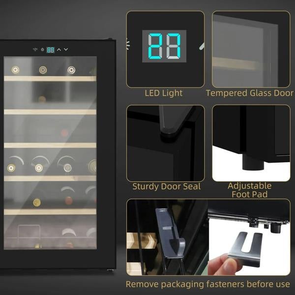 Black wine cooler fridge close-up of LED light and tempered glass door