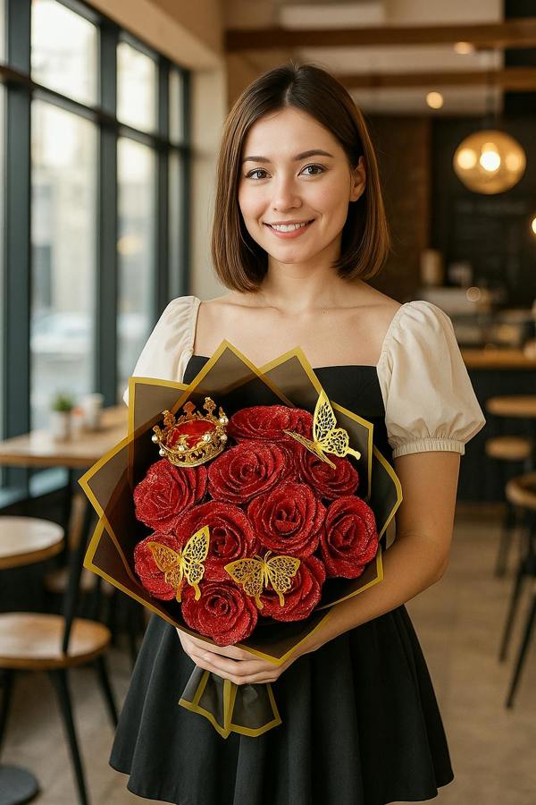 Dragodirect Artificial 12 Red Rose Flower Bouquet With Glitter Crown Butterfly Wedding Party Decoration Valentines Gift