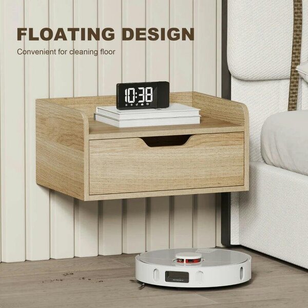 Floating Nightstands Set of 2, Wall Mounted Bedside Table with Drawer for Bedroom, Natural Wood
