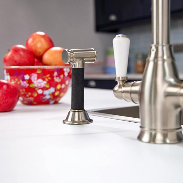 Flode Halden | Dual Lever Kitchen Sink Mixer Tap and Rinser with Swivel Spout | Pewter Finish