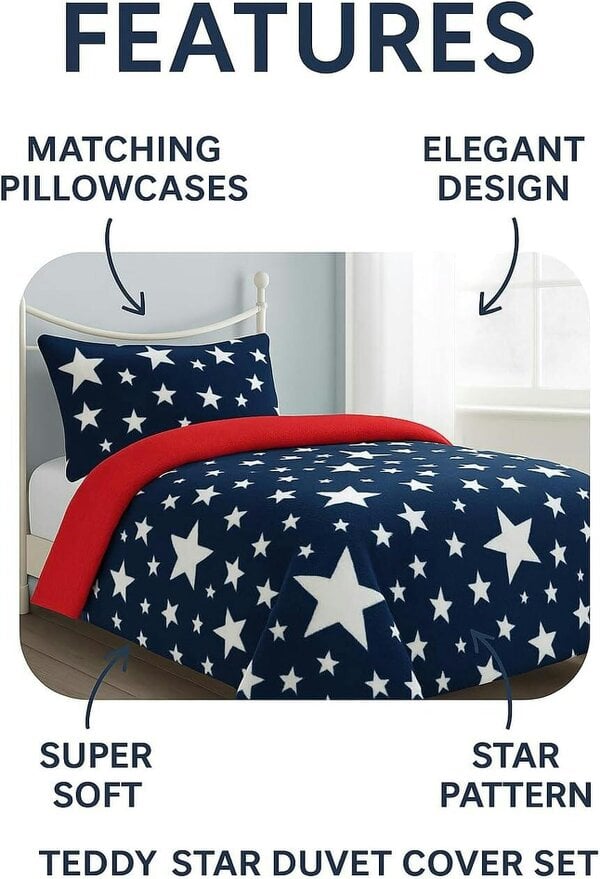 Night Zone Teddy Star Fleece Duvet Cover Set – Soft Cosy Kids Teddy Bear Bedding