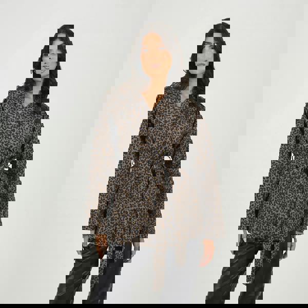 Brave Soul Brown Leopard Double Breasted Short Mac with Self Tie Belt - Brown Image 1