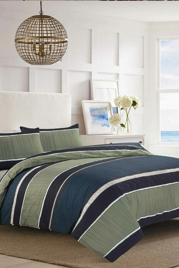 HomeSpace Direct Nate Block Stripe Duvet Cover Set Olive Gree/ Navy Blue Bedding Modern