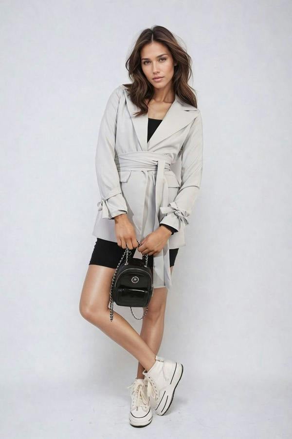 Lexi Collared Long Sleeve V-neck Belted Blazer Jacket - Grey