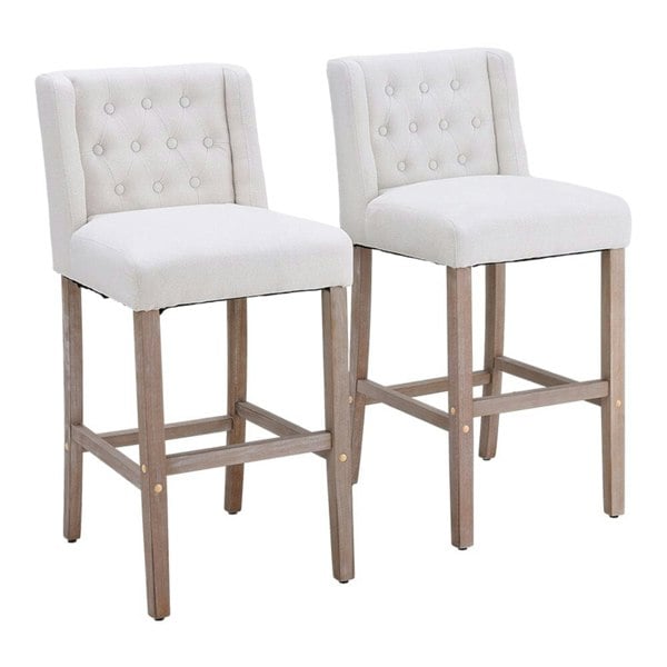 Set of 2 99cm Hight Bar Stools Linen Upholstered with Wood Legs Bar Stools Living and Home White