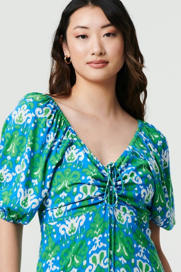 Green | Printed Tie Bardot Neck Short Dress
