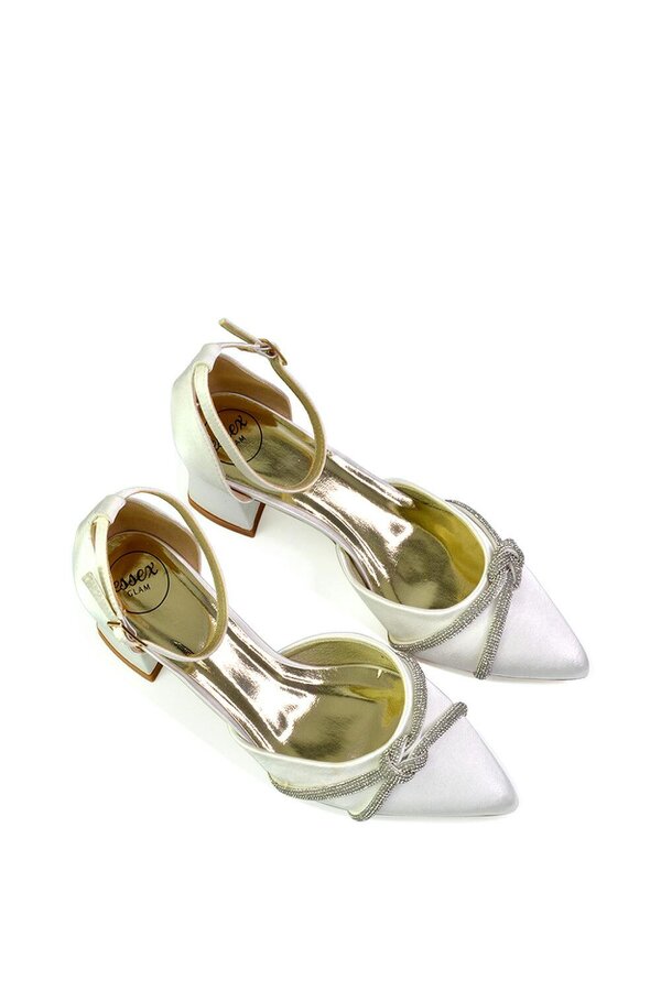 XY LONDON Ankle Strap Pointed Toe Diamante Mid Block Heels