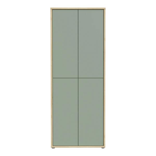 Furniture To Go Alice Springs Shoe Cabinet with 4 Doors Push-to-Open in Artisan Oak and Sage Green Doors