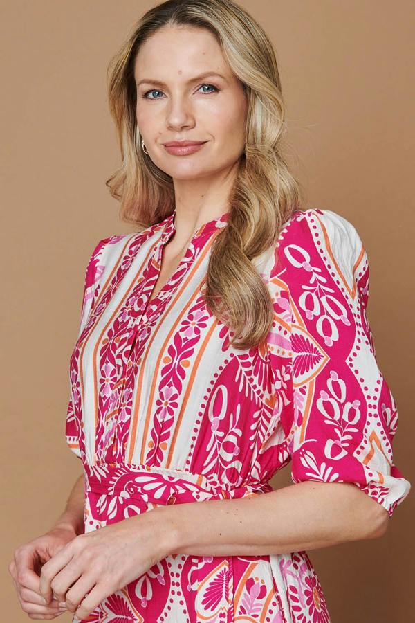 Pink | Printed Tie Waist 3/4 Sleeve Short Dress