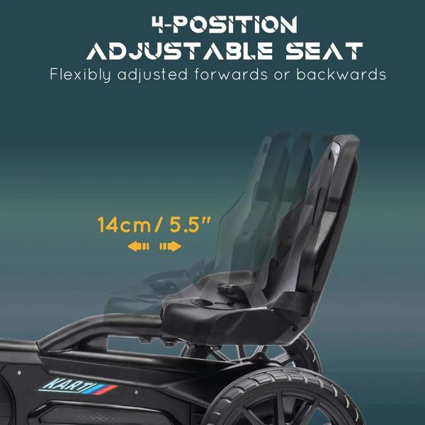 Black kids pedal go kart seat close-up with adjustable backrest and rear wheel