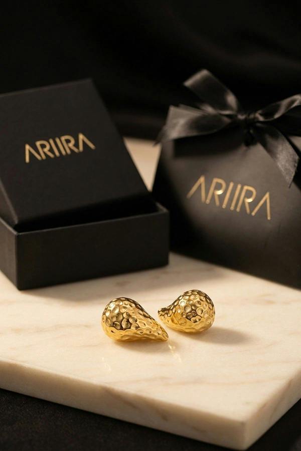 ARIIRA Marigold Hammered Gold Tone Teardrop Studs