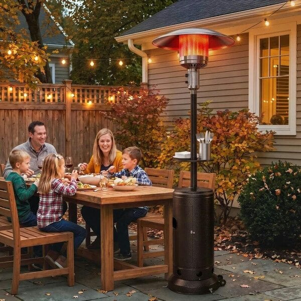 Bobobiy Gas Patio Heater with Table Tray, 13 kW Portable Propane Outdoor Heater with Piezo Ignition, Tip-over Protection, Brown - Brown