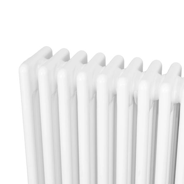 Traditional 4 column radiator in white, featuring a sleek design with smooth, glossy finish and rounded edges, measuring 300 x 1010mm