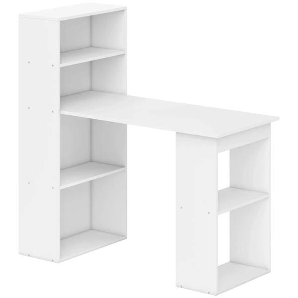 White computer desk with open bookcase storage and wide tabletop