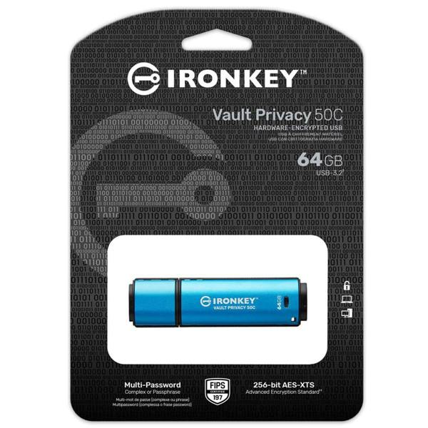 Kingston IronKey Vault Privacy 50 Type-C XTS AES Encrypted USB Flash Drive 64GB